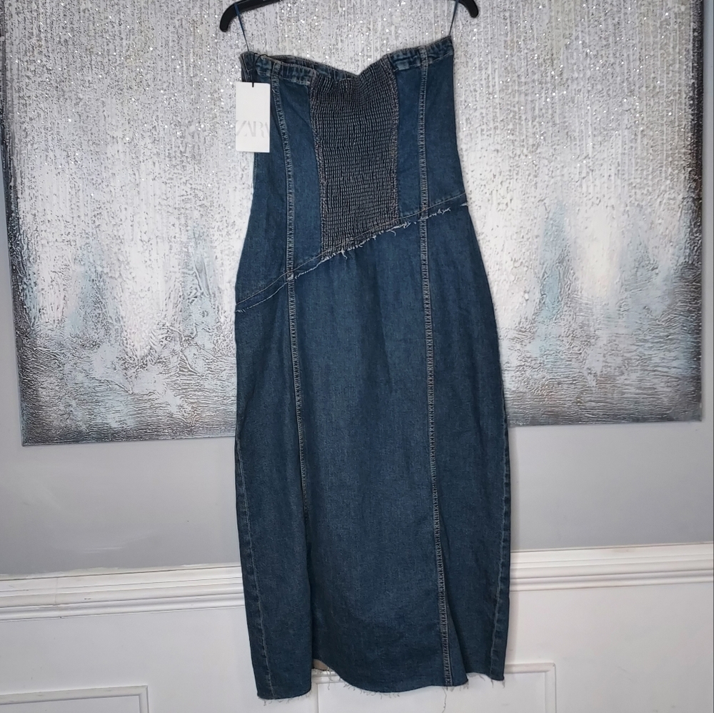 Zara Strapless Dark Gray Denim Midi Dress - Picture 11 of 12